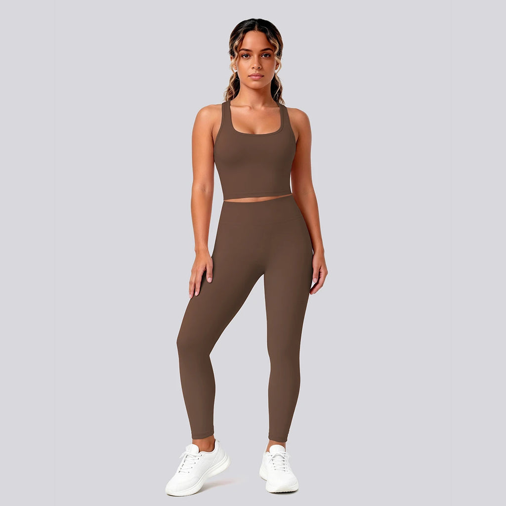 2PCS Solid Color Yoga Set for Woman's Gather Beautiful Back I-shaped Vest Shock-absorbing Running Yoga Tank Top Push Up Pants