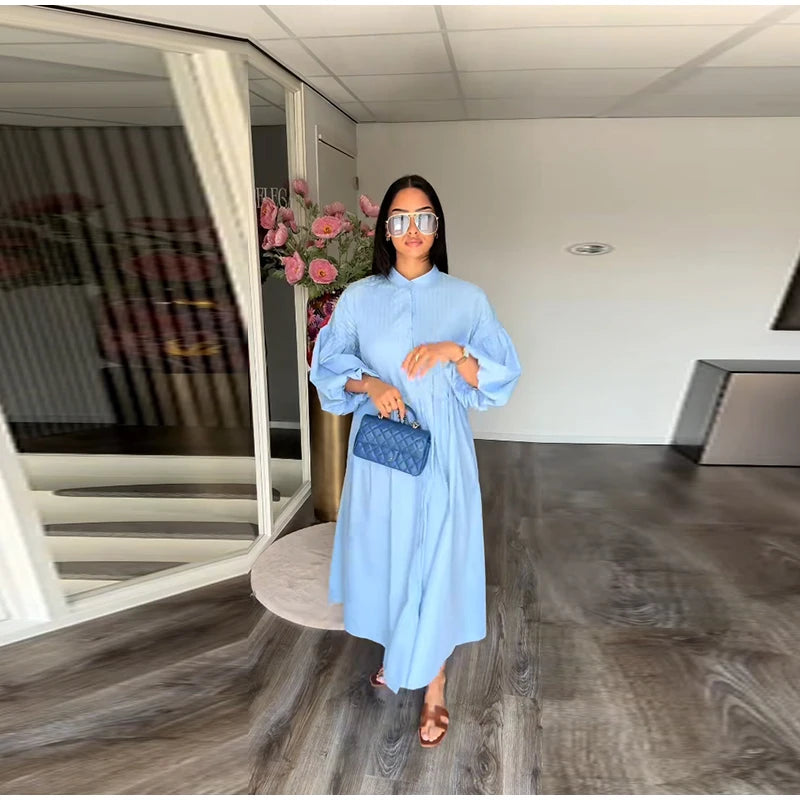 Solid Color Loose Fit Flare Sleeve Tiered Dress Crew Neck Ruffle Hem Pleated Long Maxi Dresses 2026 Spring Chic Casual Outwear