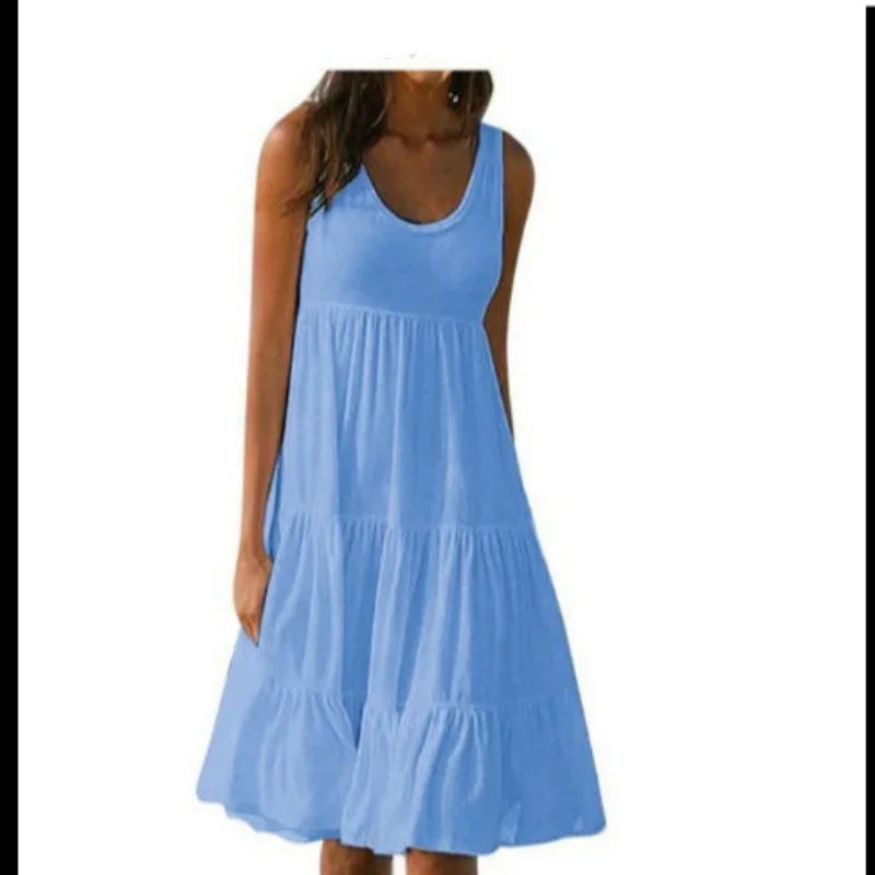 Bohemian Women's Casual O Neck Sleeveless Ruffle Mini Dress Solid Color Beach Tank Top Oversized Loose Dress Plus Size Women3029