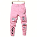 Men's Stretchy Ripped Denim Jeans Slim Fit Straight Trousers Elastic Waist Patchwork Holes Tearing Streetwear Casual Pants