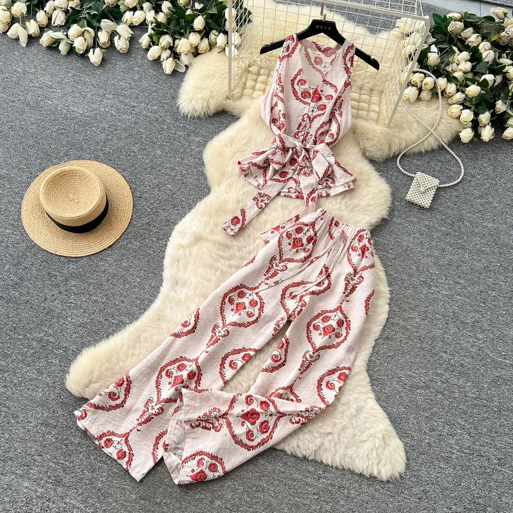 SINGREINY Boho Print Vacation Suits Summer 2026 Sleeveless Lace Up Tank Top+Loose Wide Leg Pant Chic Lazy Casual Women 2pcs Sets