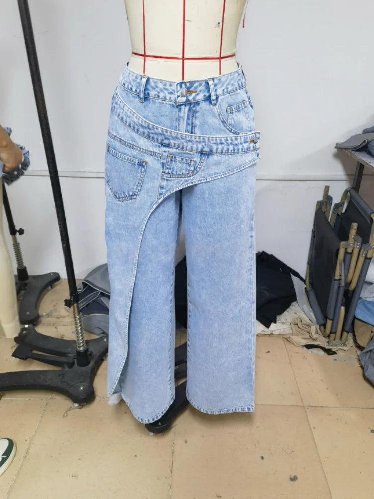 Women Designer Denim Pant Jeans Vintage Wide Leg Big Pockets Floor Pants High Waist Y2k Streetwear Elegant Casual Loose Trousers