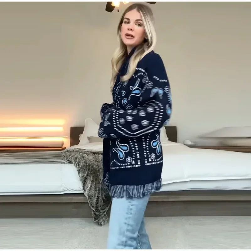 Casual Print Tassel Cardigan Women Elegant Belt V-neck Long Sleeve Knitted Sweaters Female 2026 Autumn Winter Knitwears Lady