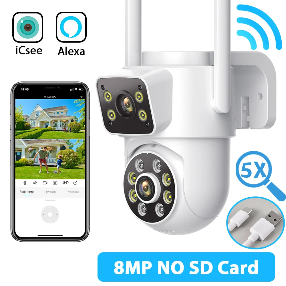 Dual Screen WiFi Security Camera 4K 8MP Dual Lens Surveillance Camera Human Detection Night Vision 5X Zoom Home Outdoor Security