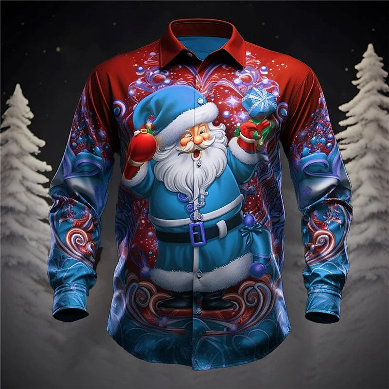 Christmas Fireworks: Santa Print Men's Long Sleeve Shirt, Men's Fashionable Party Christmas Shirt, Four Seasons Casual Men's Shi