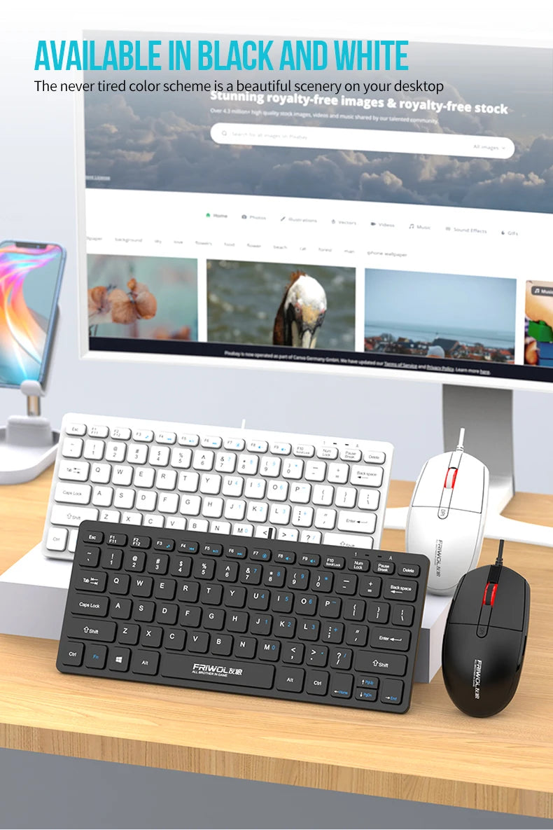 FRIWOL KT-100 Wired  Keyboard Mouse Set 78 Key Mini Portable Keyboard USB Desktop Laptop Office Home Light voice
