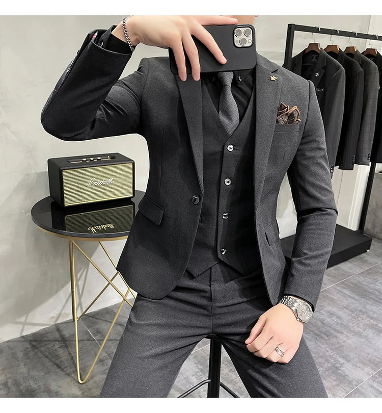 Blazer Vest Pants Men's Navy Blue Suit Set Slim Fit Blazer Vest Pants Formal Outfit for Business Wedding Office Groom Party