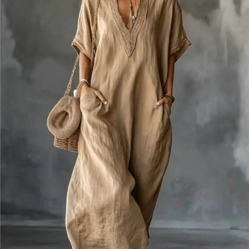 2026 New Summer Women's Dress Solid Color V-neck Bohemian Style Retro Fashionable And Comfortable Elegant Pocket Simple Vestidos