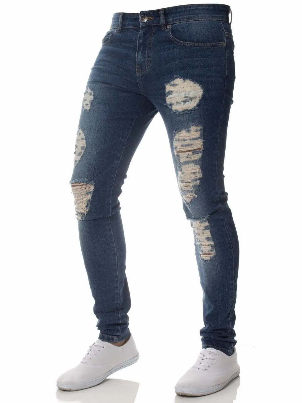 Men Jeans Knee Hole Ripped Stretch Skinny Denim Pants Solid Color Black Blue Autumn Summer Hip-Hop Style Slim Fit Trousers S-4XL