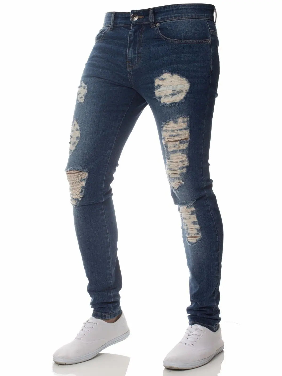 Men Jeans Knee Hole Ripped Stretch Skinny Denim Pants Solid Color Black Blue Autumn Summer Hip-Hop Style Slim Fit Trousers S-4XL