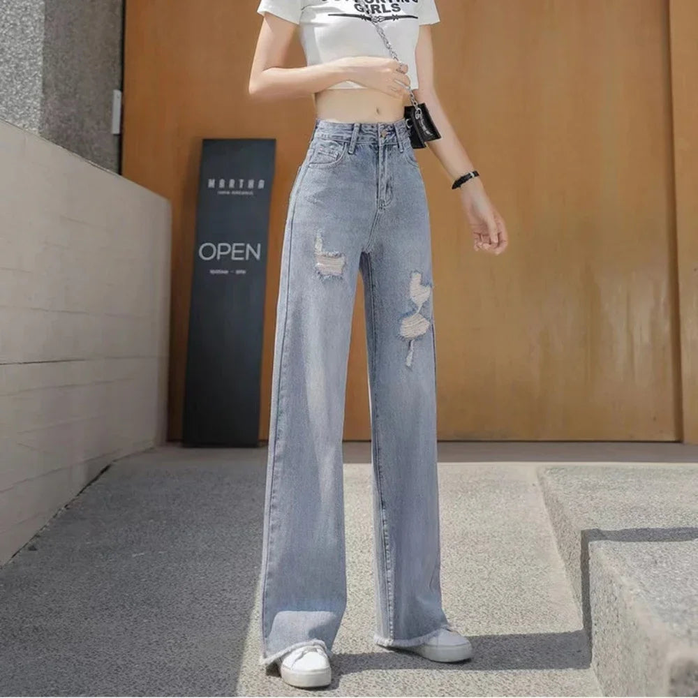 Torn Trousers with Pockets Women's Jeans Holes Blue High Waist Shot Female Denim Pants Ripped Vibrant R Wholesale Baggy Basics Z