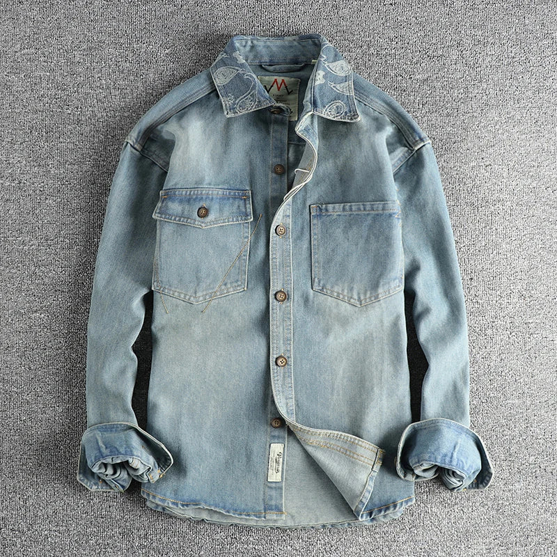 Heavy collar cashew flower embroidery design sense of British vintage denim shirt men's autumn trend coat with long sleeves