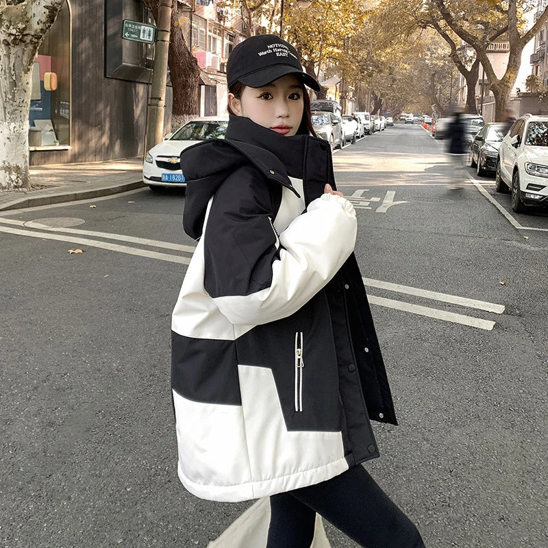 Black and White Patchwork Women Autumn Hiking Jacket Winter Winderproof Warm Hooded Coat Korean Zip Up Streetwear Couple Jackets