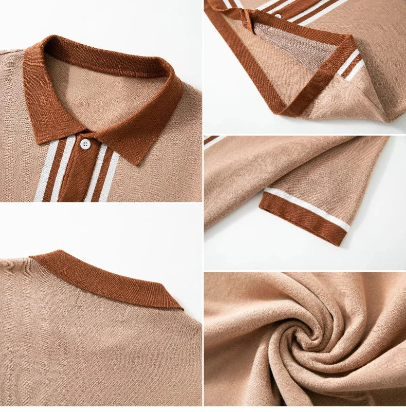 Summer Men Knitted Cardigan Polo Shirts Short Sleeve Striped Jacquarded Business Shirts American Retro Premium Quality Knitwear