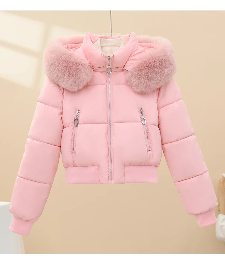 Korean Style Short down Cotton Jacket Women's Thickened Large Fur Collar Hooded Coat Slim Fit Commute Element  Color