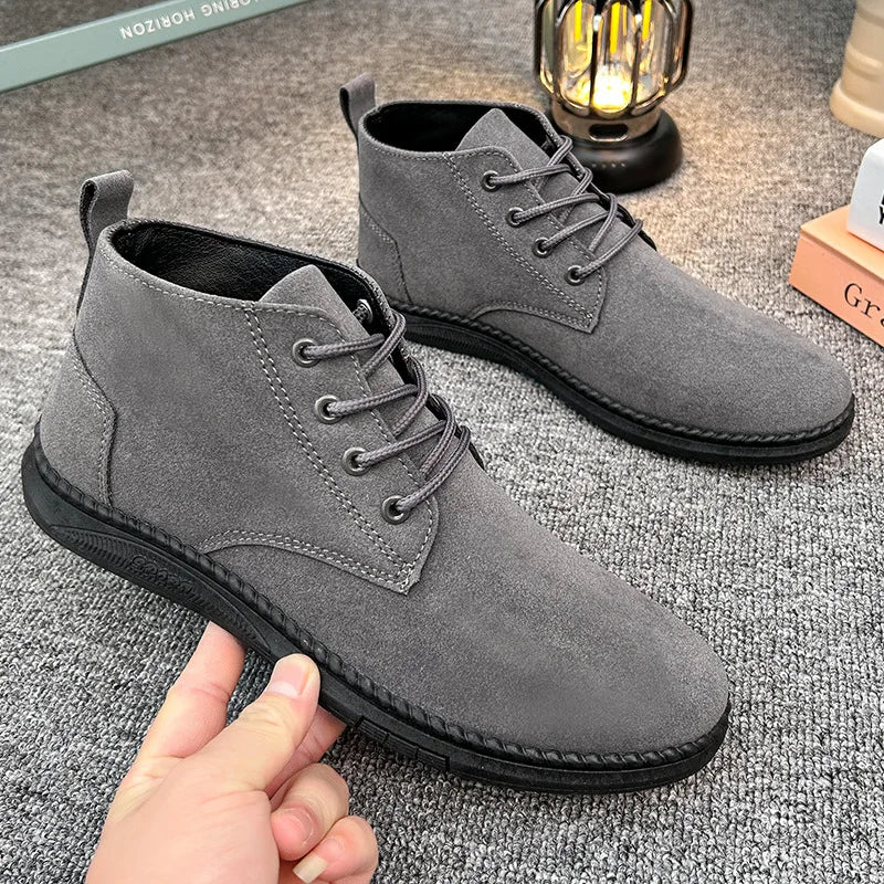 High Top Casual Grey Suede Shoes Men's Lace Up Black Flat Bottom Short Boots Men's Chelsea Boots High-quality Brand Denim Boots