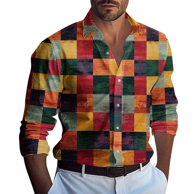 New Men's Long Sleeve Shirt Casual Fashion 3D Grid Printed Pattern Button Folding Classic Shirt Top