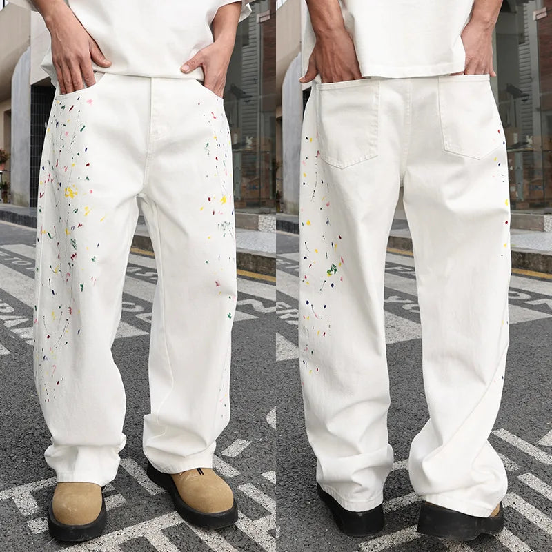 Men's Color Ink White Denim Jeans Cityboy Streetwear Fashion Hip Hop Loose Casual Wide Leg Baggy Jeans Y2k Pants
