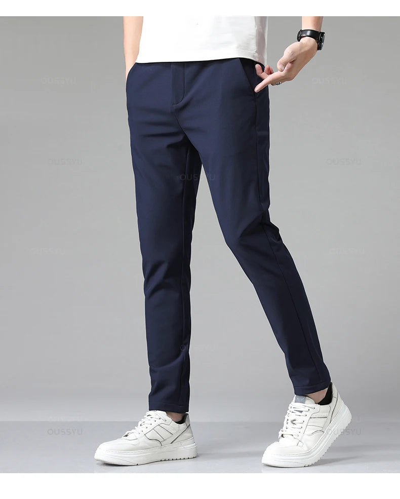Autumn Winter Casual Pants Men Thick Business Stretch Slim Elastic Waist Jogger Korean Classic Black Gray Blue Trouser Male