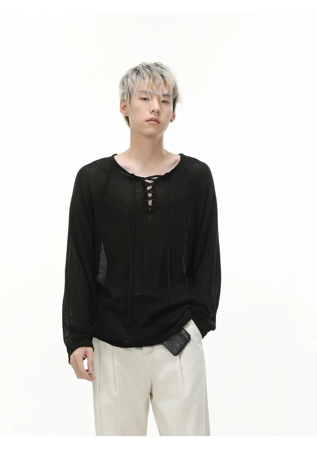 IEFB Niche Design Men's Tees Long Sleeved Round Collar Lace-up Solid Color Simple Tops Loose Pullover Male Tees Autumn 9X533