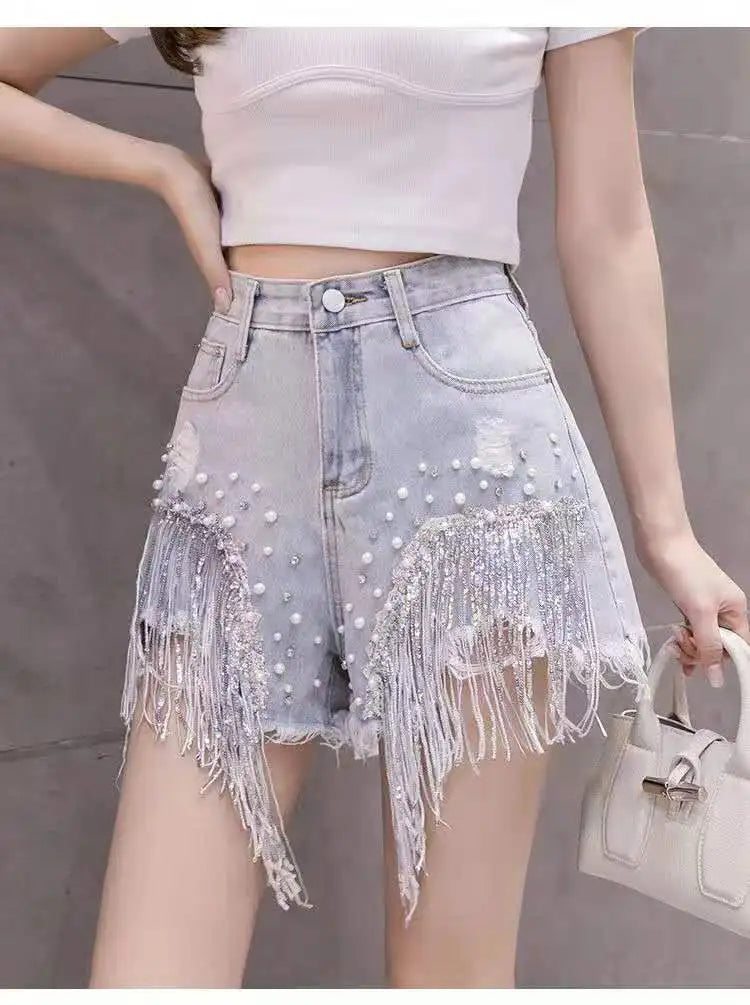 Summer New Style Personalized Denim Shorts for Women Internet Celebrity High Waist Diamond Sequins