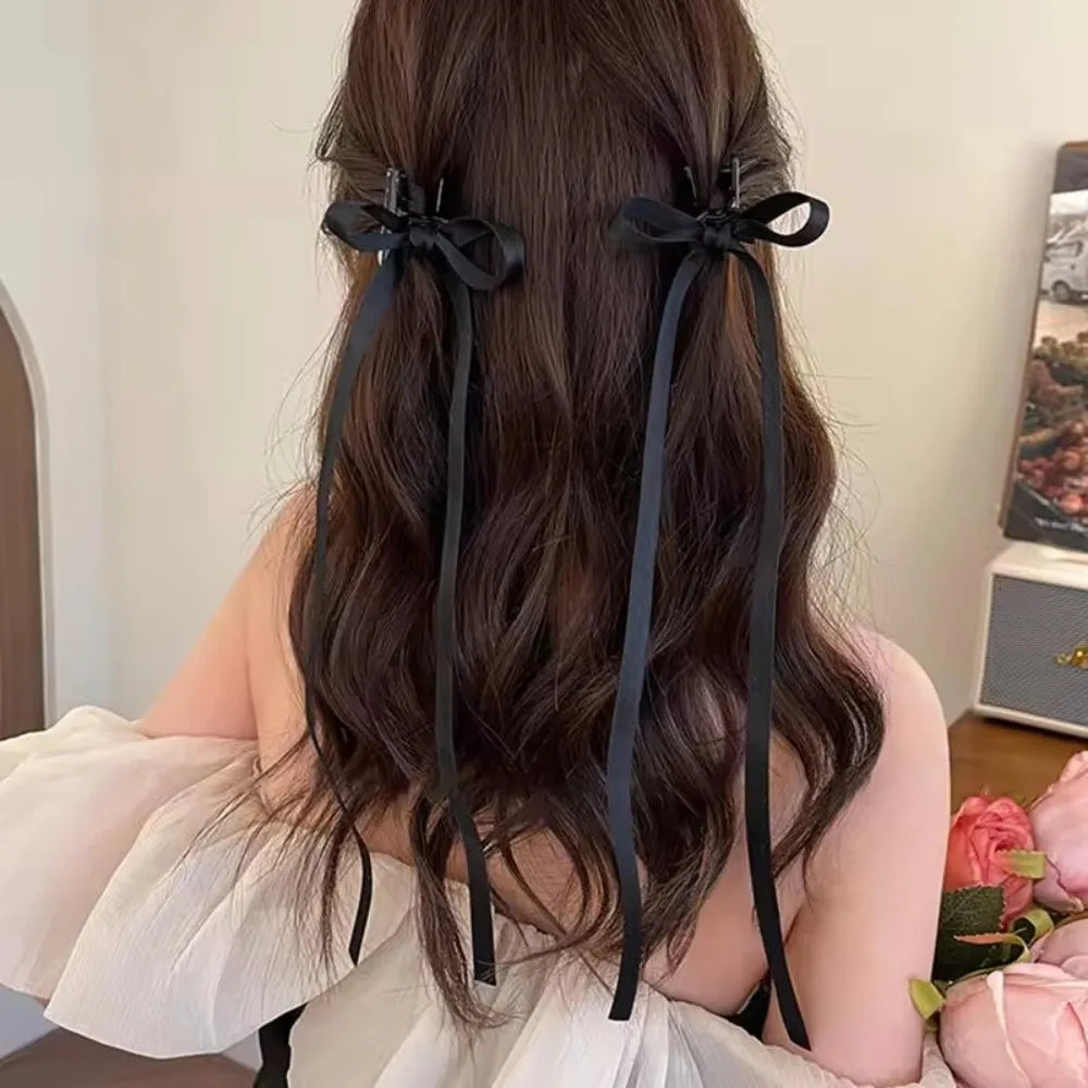 2Pcs Y2K Long Bow Hair Clip Women Girls Ribbon Bow Shark Clip Cute Korean Long Tassel Ribbon Hairpin Girls Hair Accessories