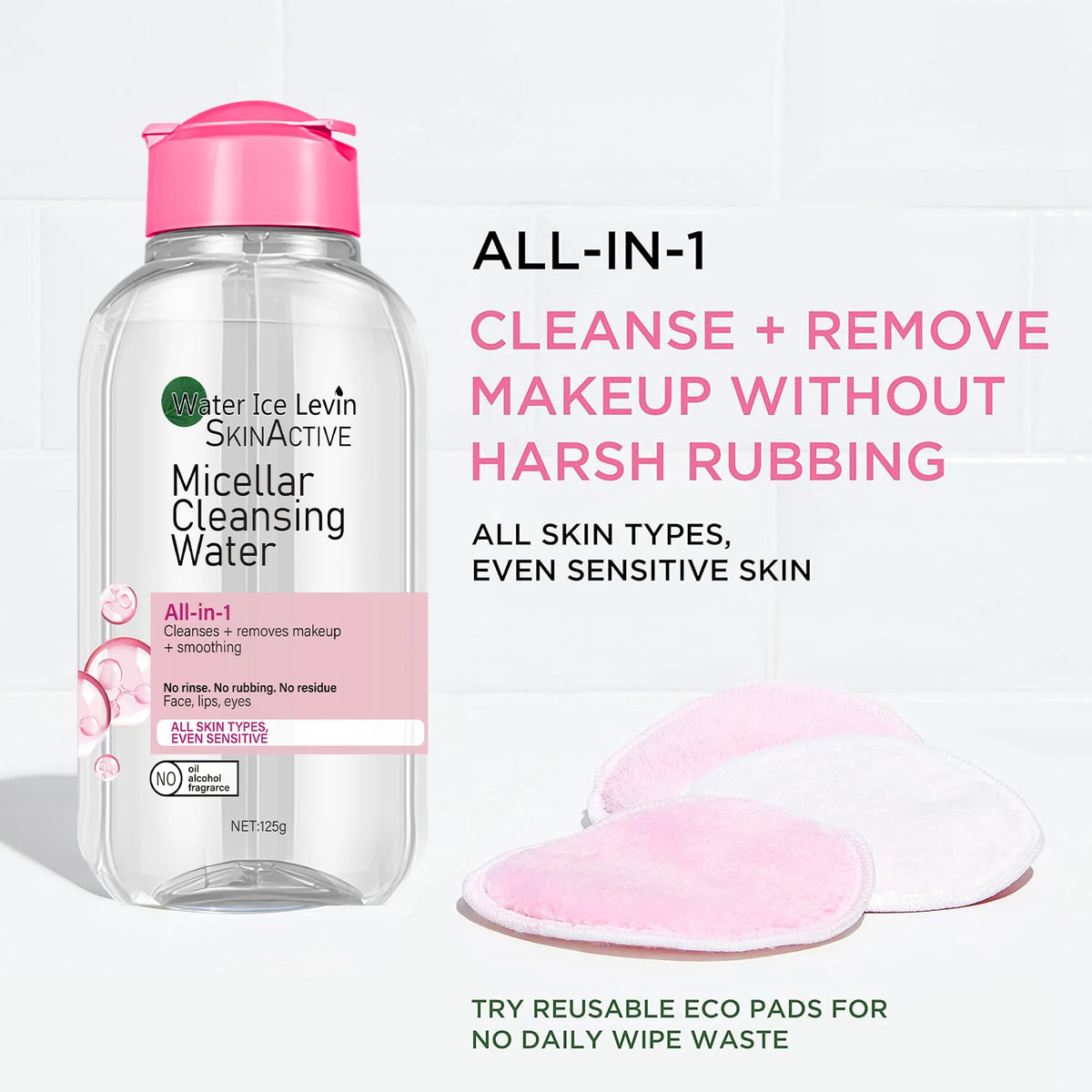 Water Ice Levin Micellar Water: All-In-1 Cleanser & Makeup Remover, No Rinse, for Sensitive Skin, Fragrance-Free, 125g