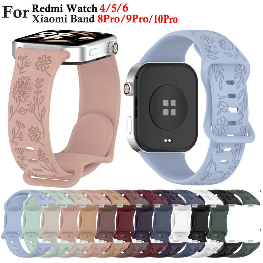 3D Carved Flowers Strap For Xiaomi Mi Smart Band 8 Pro/9 Pro/10 Pro Replacement Sport WristBand For Redmi Watch 4 5 6 Bracelet