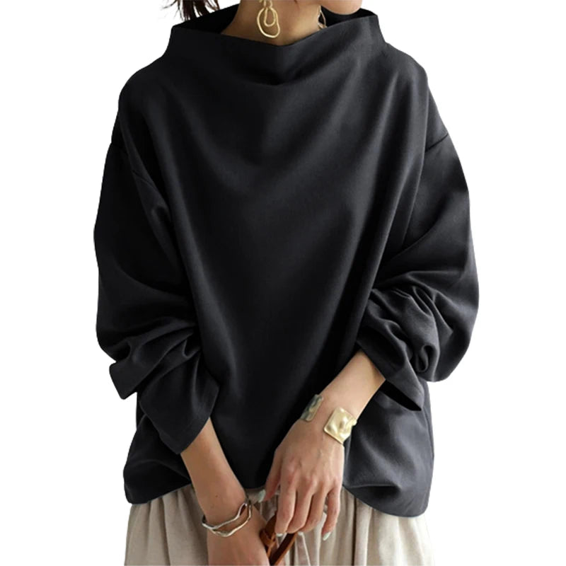UOOZEE Women Fashion Black Solid Color High-Neck T-Shirts 2025 Spring Autumn Long Sleeves Loose Casual Daily Simple Tops