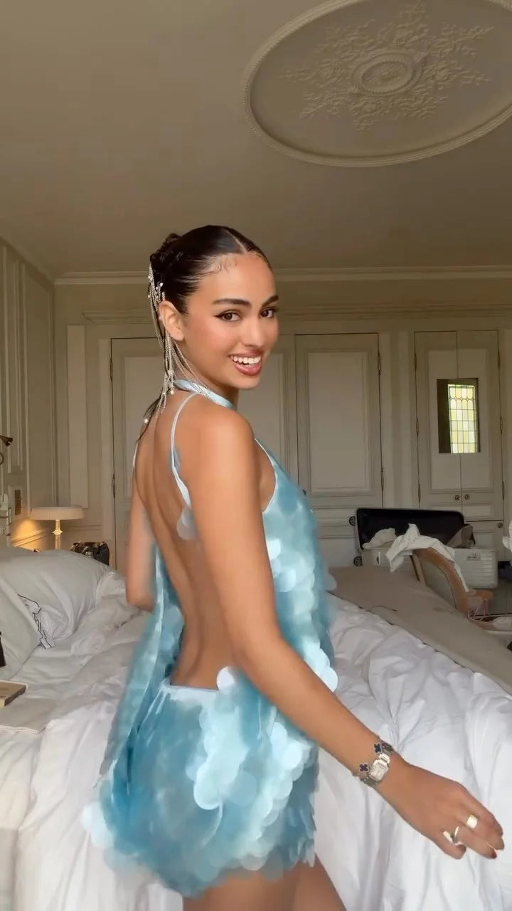 Women's 2026 Light Blue Halter Sequin Dress Sleeveless Loose Large Sequin A-Line Mini Dress Summer Evening Party Shining Gown