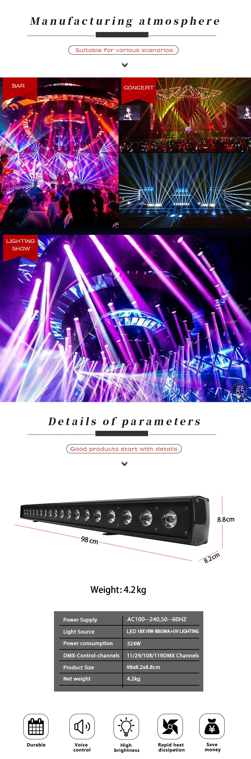 SHEHDS 2/4pcs LED Wall Wash Bar 18x18W RGBWA+UV 6in1 Lighting For Dj Disco Indoor Horse Race Lamp Christmas Decorations