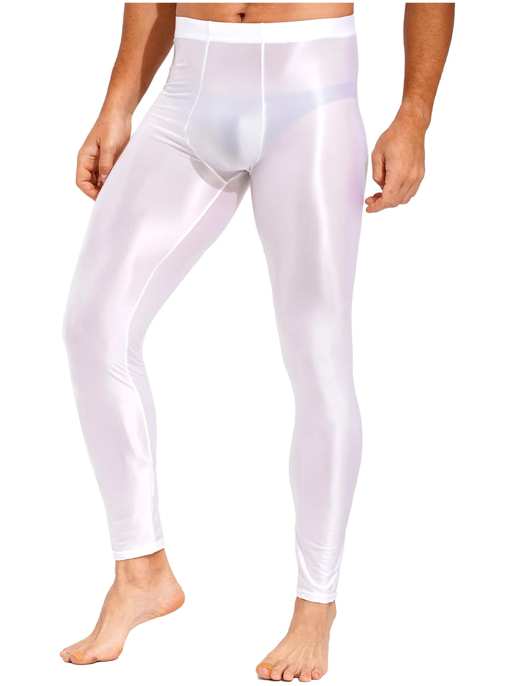 Men Elastic Waistband Skinny Shiny Yoga Tights Pants Solid Color Leggings Exercise Running Gym Fitness Training Sportswear