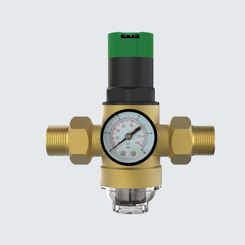 Brass Water Pressure Reducer Valve with Gauge Filter, Double Union Thread Water Stabilizer for Domestic Plumbing Pipeline
