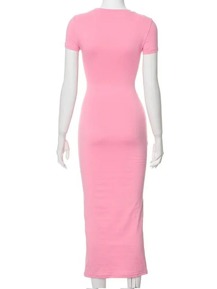 2026 Summer New Chic Slim Chic Short Sleeve Dress for Women O Neck Long Dresses Office Lady Casual Solid Color Dresses Robe
