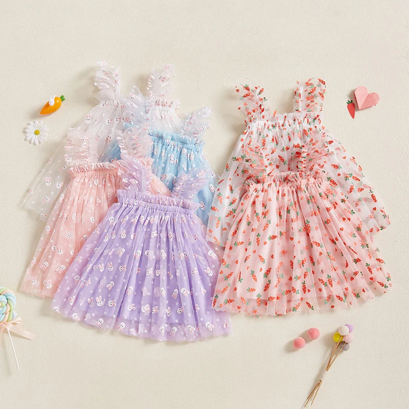 Toddler Baby Girls Easter Tulle Dress Cute Carrot/Rabbit Print Ruffled Flying Sleeve Mesh Dress for Summer Casual Clothes