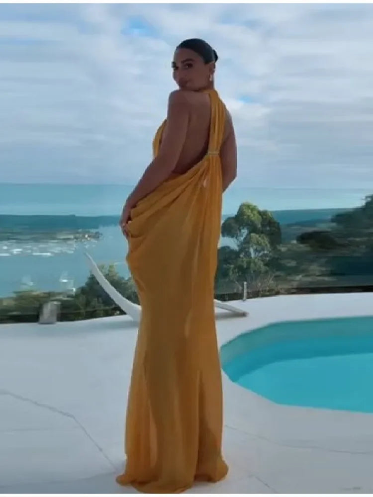 Chic Bohemian Yellow Dress Draped Chiffon Vintage Women Dresses Party Summer Vacation Beach Trendy Streetwear