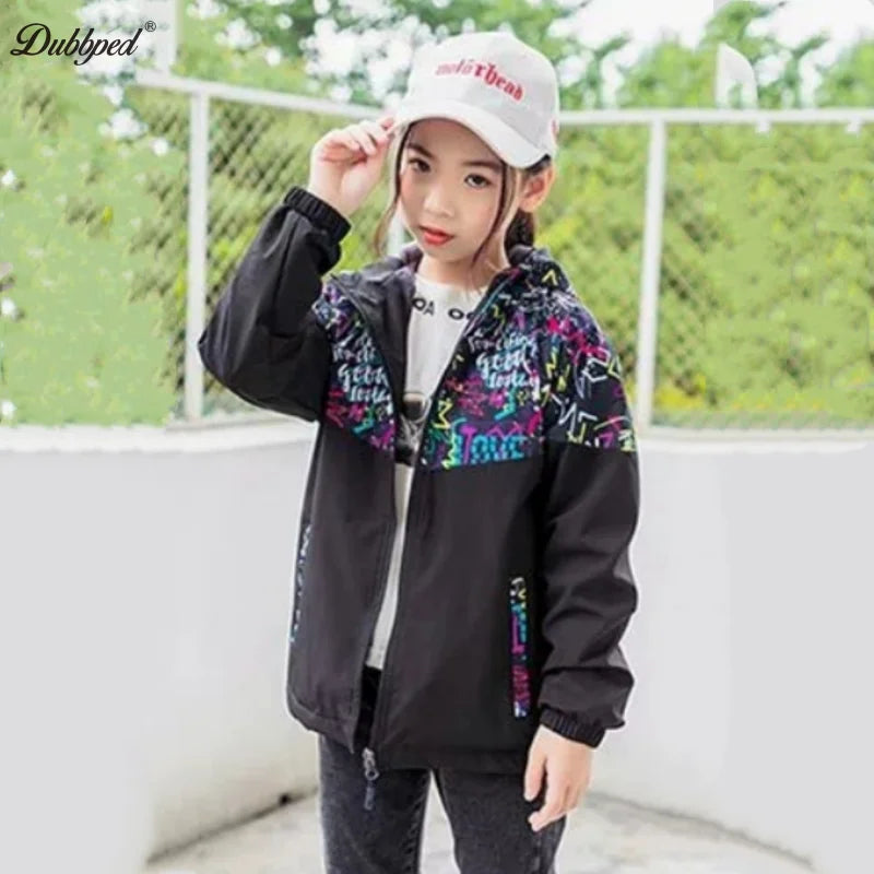 Dubbped New Fashion Spring  Autumn Jackets Rian Girls Coat Waterproof Windproof Windbreaker  Hooded Kids Clothes 3-12Y