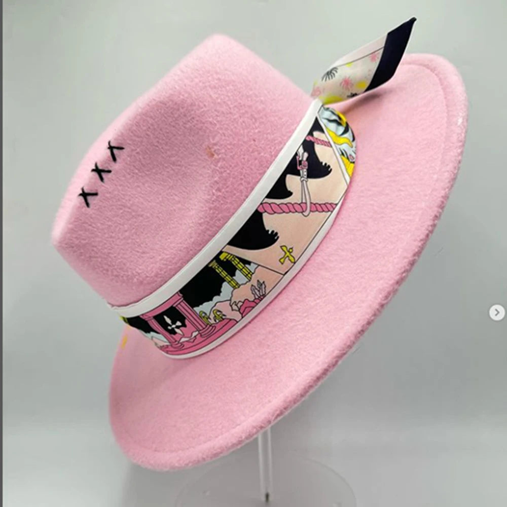 Suede Fedora Painting Felt Hats for Men and Women, Hand Sewn Fedora Adjustable Fall Winter Fashion Party Hats and Gifts