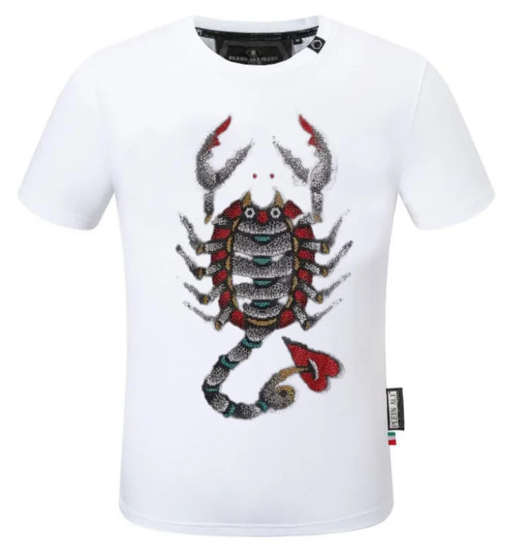 2025 Summer New Luxury Men's Fashion Skull Design Rhinestones T-Shirt Pure Cotton Crew-Neck Casual High Quality