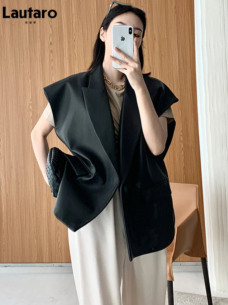 Lautaro-Women's Light Soft Faux Leather Vest, Lapel, Elegant, Luxury, Designer, Sleeveless Jacket, Spring, Autumn Fashion, Black
