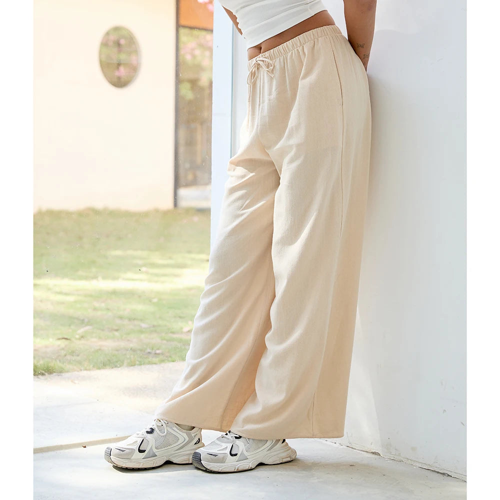 Loose Wide Leg Casual Pants Women's  Korean Linen Office Lady Household Trousers Drawstring Straight Leg Long Pants Femme