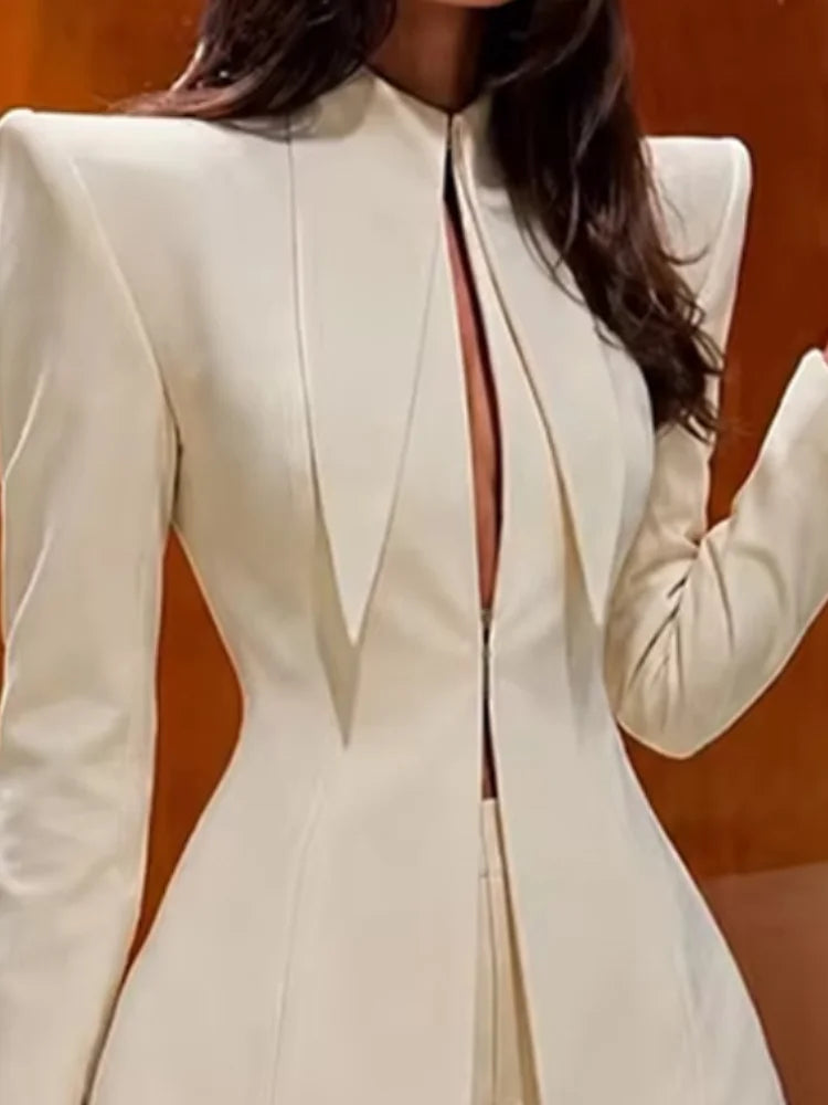 Women Fashion Solid Shorts Set Sexy Stand Collar Waist Cinching Slim Fit Coat Suits 2026 New Spring Autumn Lady Street Outfit