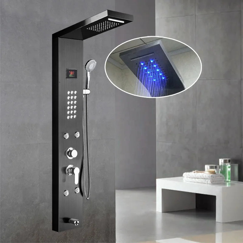 Luxury Black Color Thermostatic Led Rain Shower Head Bathroom Stainless Steel Wall Mounted Waterfall Shower Panels