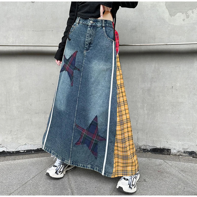 High Fashion Denim Skirt Women Elastic High Waist A-Line Long Skirt Female Colorful Patchwork Plaid Jean Skirt