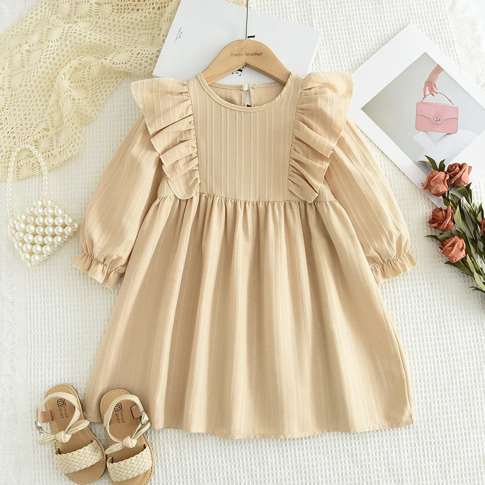 Plain Casual Girls Dress Autumn Long Sleeved Pleated Kids Dresses for Girls Pink Clothes Fashionable New Children's Clothing