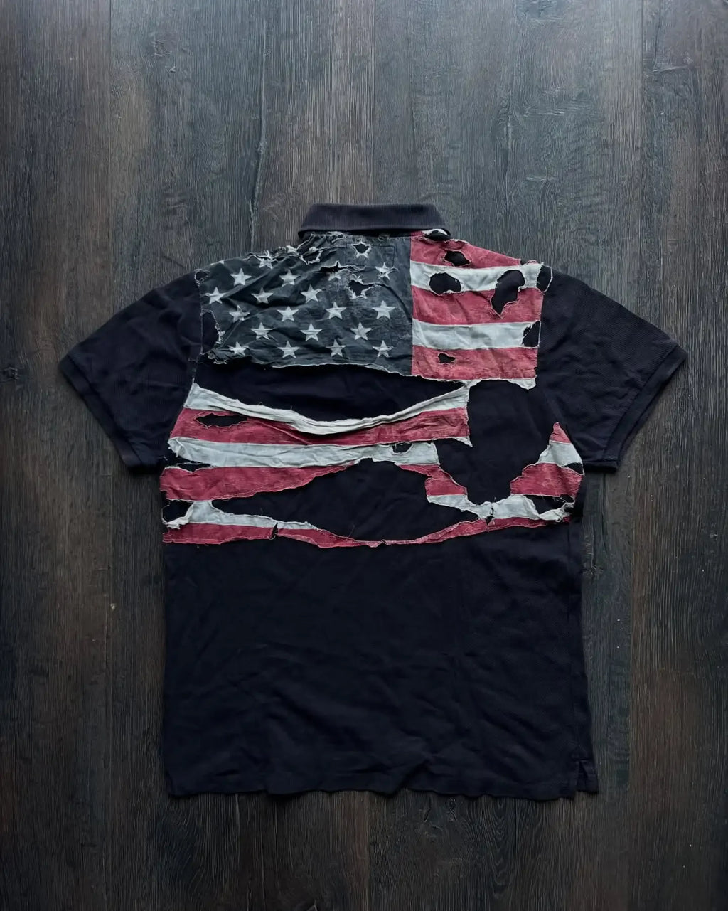 American Flag Tear Patchwork Retro Old Short Sleeve Polo Shirt Y2k Loose Boy Hip Hop Embroidery Clother Top Cotton Men Clothing