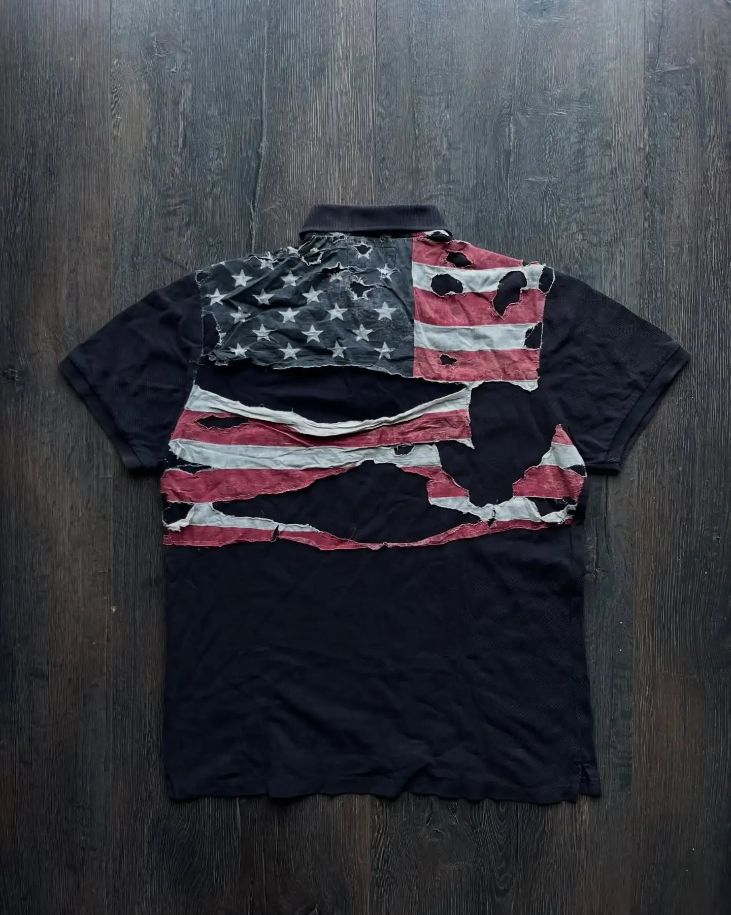 American Flag Tear Patchwork Retro Old Short Sleeve Polo Shirt Y2k Loose Boy Hip Hop Embroidery Clother Top Cotton Men Clothing