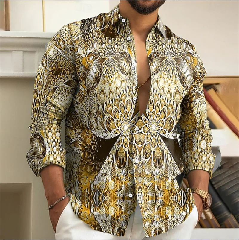 Hawaiian Men's Long Sleeve Shirt Folding Shirt Striped Pattern Digital Flower Print Fashion Casual Party Street