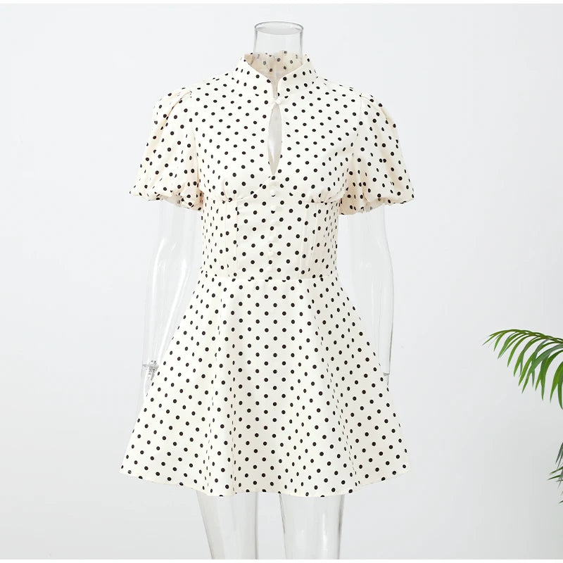 Retro Polka Dot Mini A-line Dress Elegant Stand Collar Puff Short Sleeve Waist-cinching Dresses 2026 New Lady Party Gowns