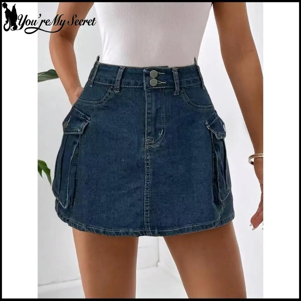 Sexy Women High Waist Cargo Denim Mini Skirt Double Button Multi Pocket A Line Short Skirt Y2K Streetwear Casual Jean Dress
